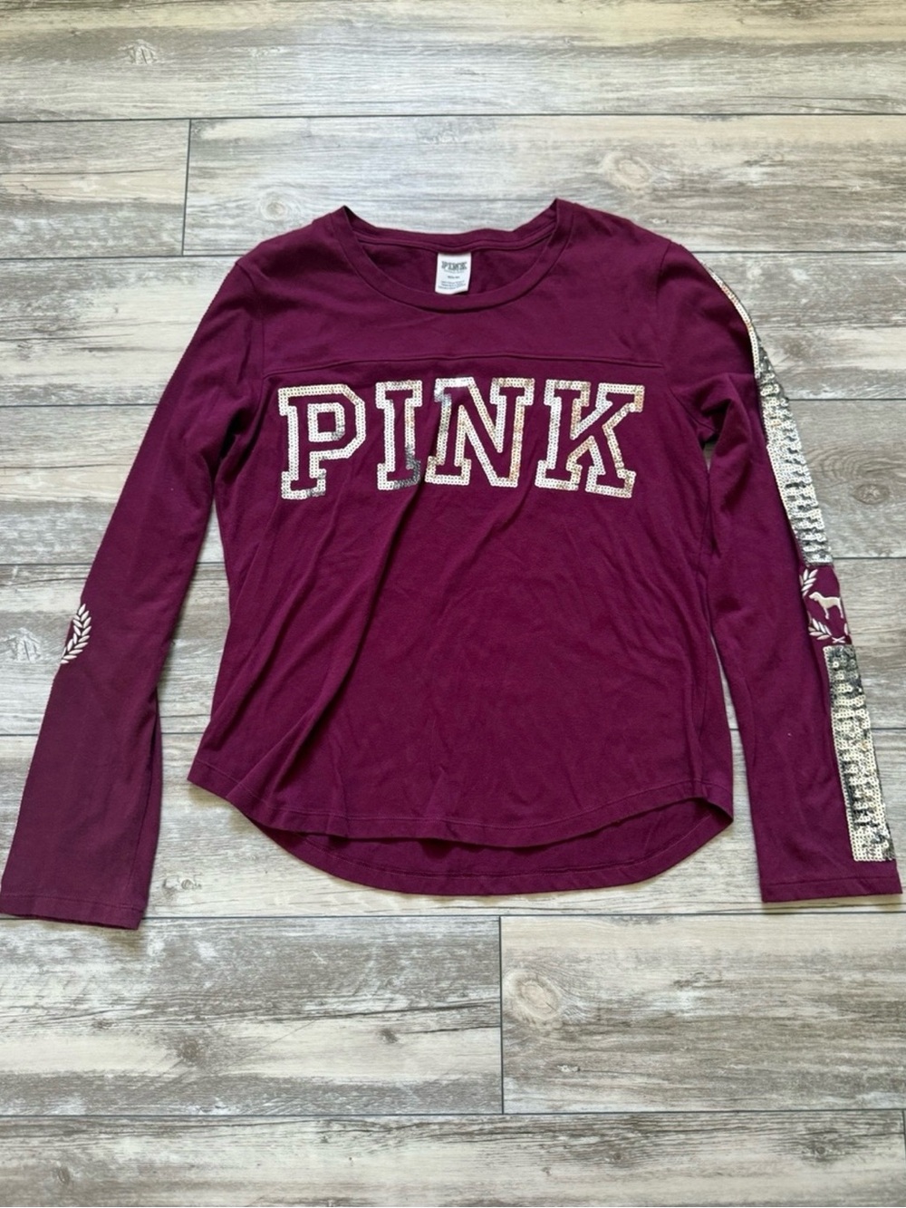 PINK Victoria's Secret Maroon Long-Sleeve Crew Tee with Logo